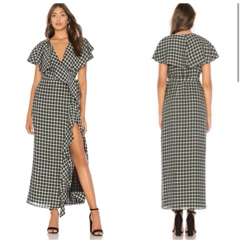 Tularosa‎ Wrap Dress S Black Green Mila Plaid Check Boho Maxi Fall Feminine